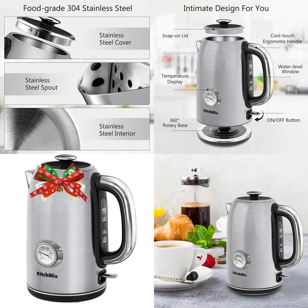 

1500W 1.7L Stainless Steel Electric Kettle with Thermometer, Auto-Off, Boil-Dry Protection, Cool Touch Handle, BPA-Free