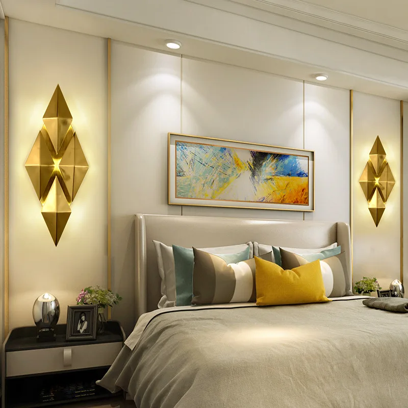 Nordic Art Golden Plated Matte Bronze Wall Lamp with G9 LED Warm Light Background Rhombus Bedroom Living Room