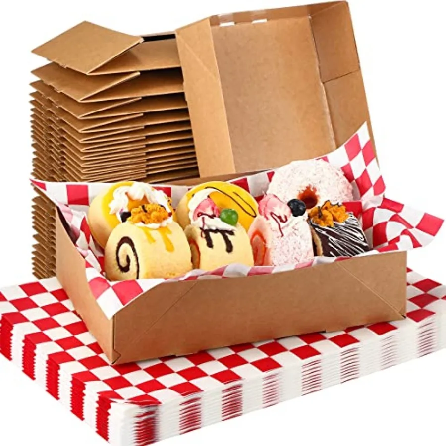 200 Unidades de Bandejas de Papel Kraft para Alimentos, Juego de Papel para Envolver Alimentos, Caja de Cartón Plegable Desechable con 4 Esquinas Desplegables