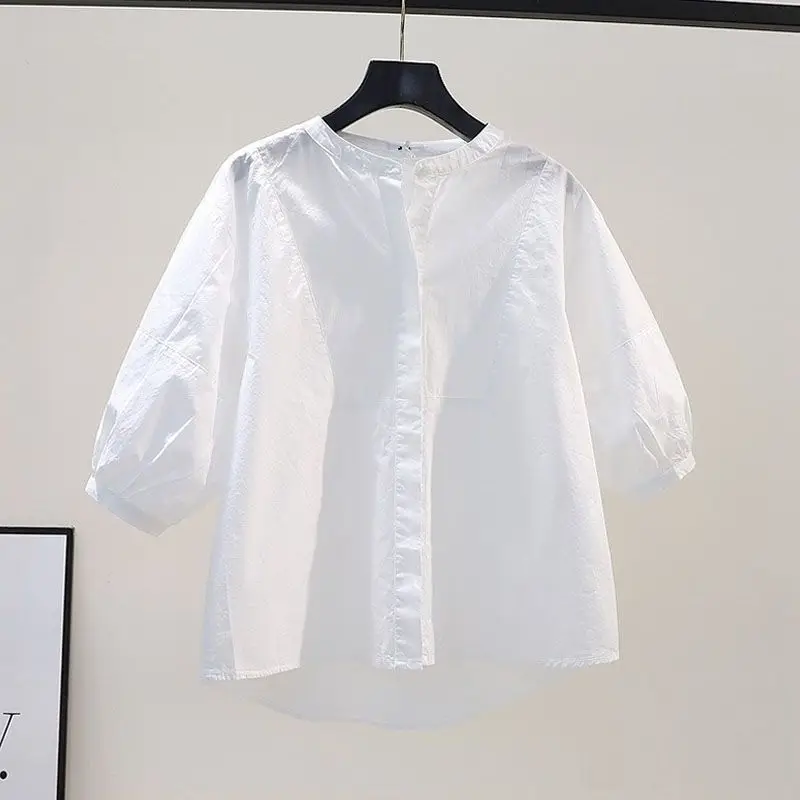 Summer Women's 2024 New Patchwork O-Neck Button Fashion Solid Simple Bright Line Decoration Loose Short Sleeve Blouses Shirts