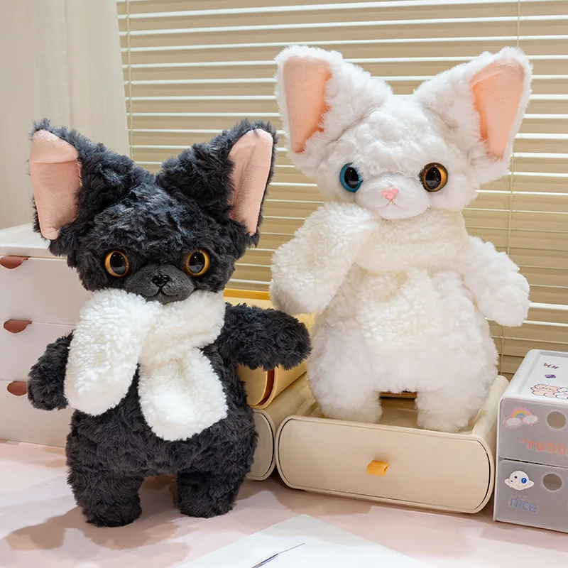 Peluches Devon Rex de dibujos animados de 35cm, bufanda, juguete suave, Animal relleno, gato negro, perro Kawaii, almohada de felpa para dormir, regalo para niña