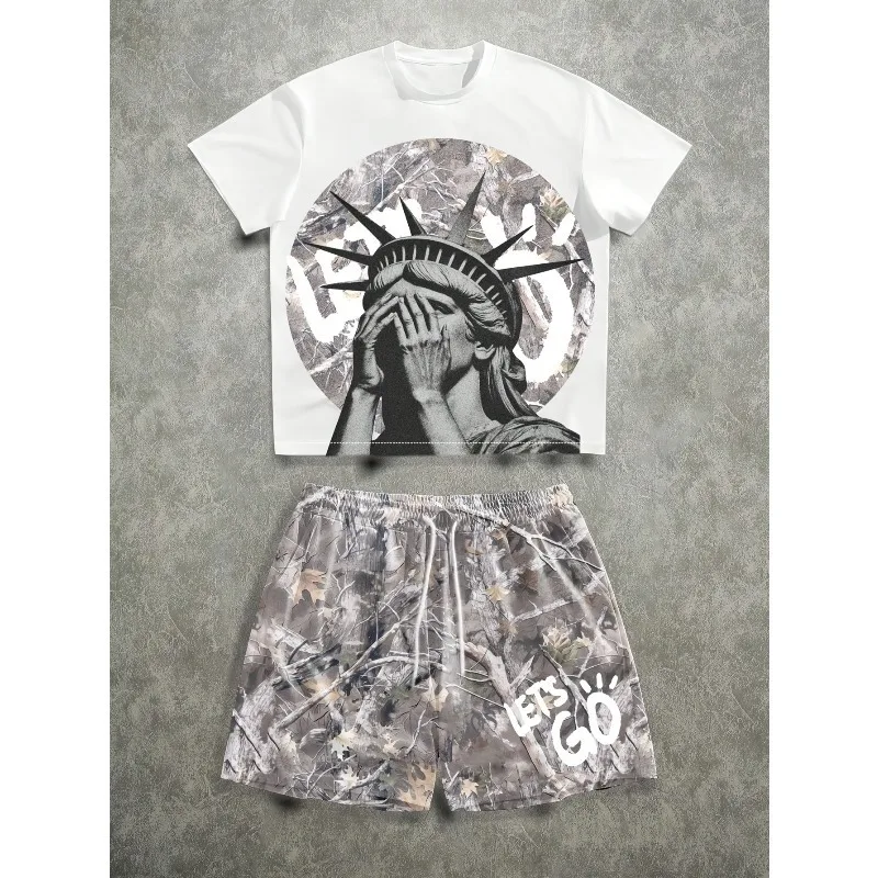 

2025 Summer Fashion Trend Men's Casual Sportswear 3D Printed T-shirt Shorts Set Daily Outdoor Street Polyester Fiber Fashion