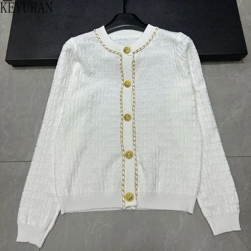 

Stylish Jacquard Gold Chain Knit Sweater Cardigan Women Autumn Winter Vintage Elegant Long Sleeve O-neck Knitwear Tops Jumpers