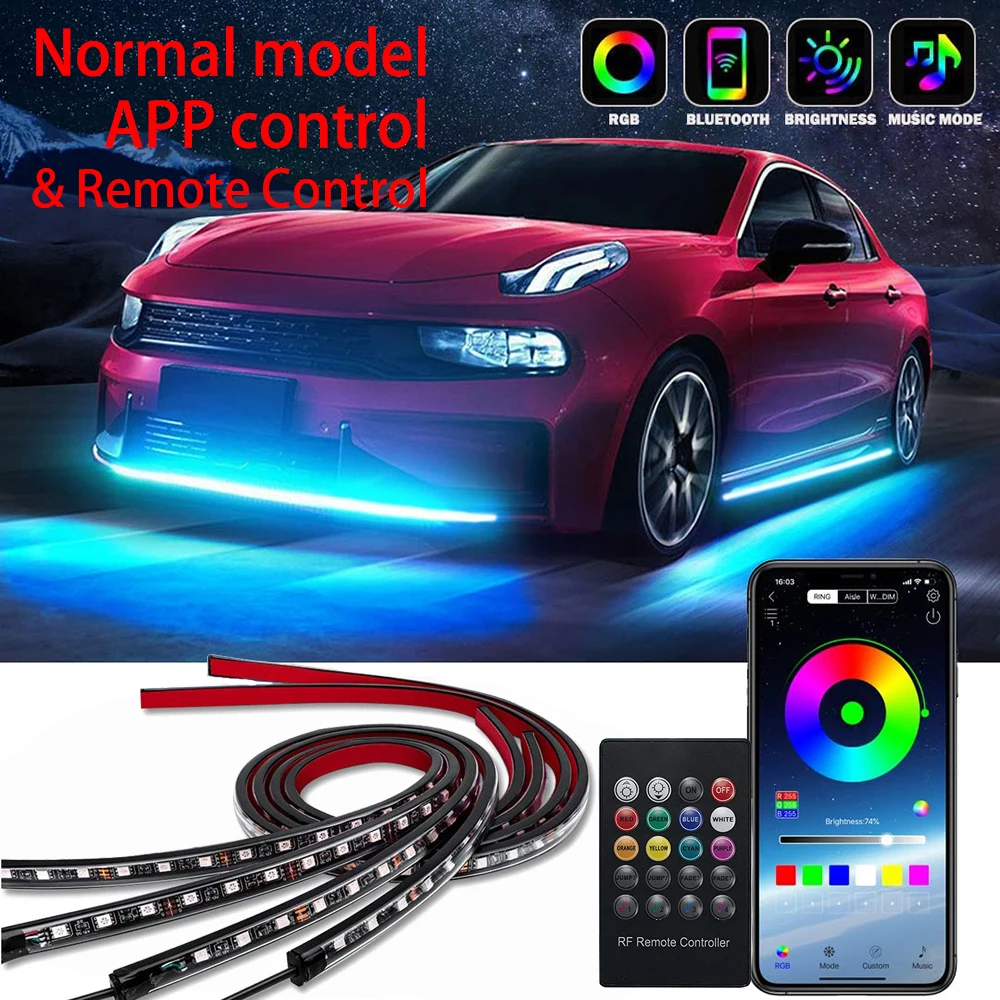 Neon-LED-Auto-Untergrundleuchte, Lichtleiste mit Fernbedienung, APP, 16 Millionen Farben, Musik, DIY RGB-Außen-Unterbodenleuchte, 120 x 150 cm