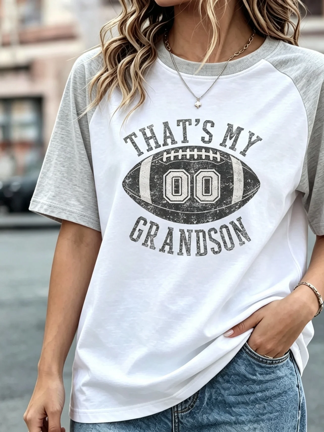 That's My Grandson Vintage Football 00 Number Graphic Raglan T‑Shirt, Women Color Block Short Sleeve Game Day Baseball Tee