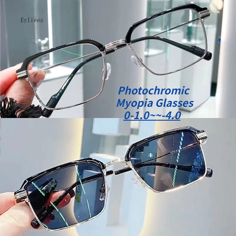 

2024 Photochromic Myopia Glasses Finished Flat Color Change Myopia Glasses Metal Eyeglass Frame Blue Light Resistant Glasses