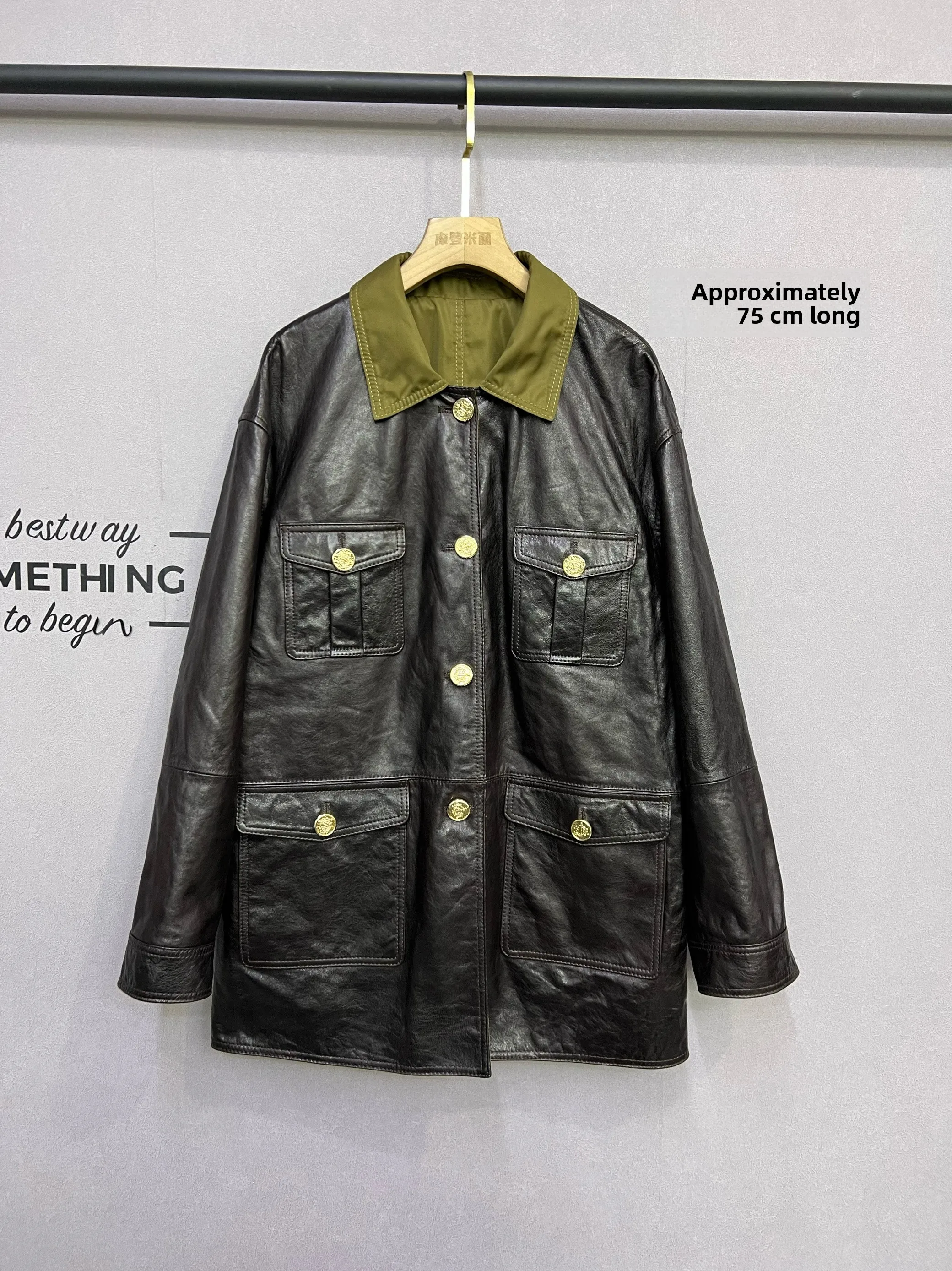 Printemps 2025 femmes Double face porter en cuir Jaet Vintage ample Faionable polyvalent rétro vêtements d'extérieur à la mode mi-long