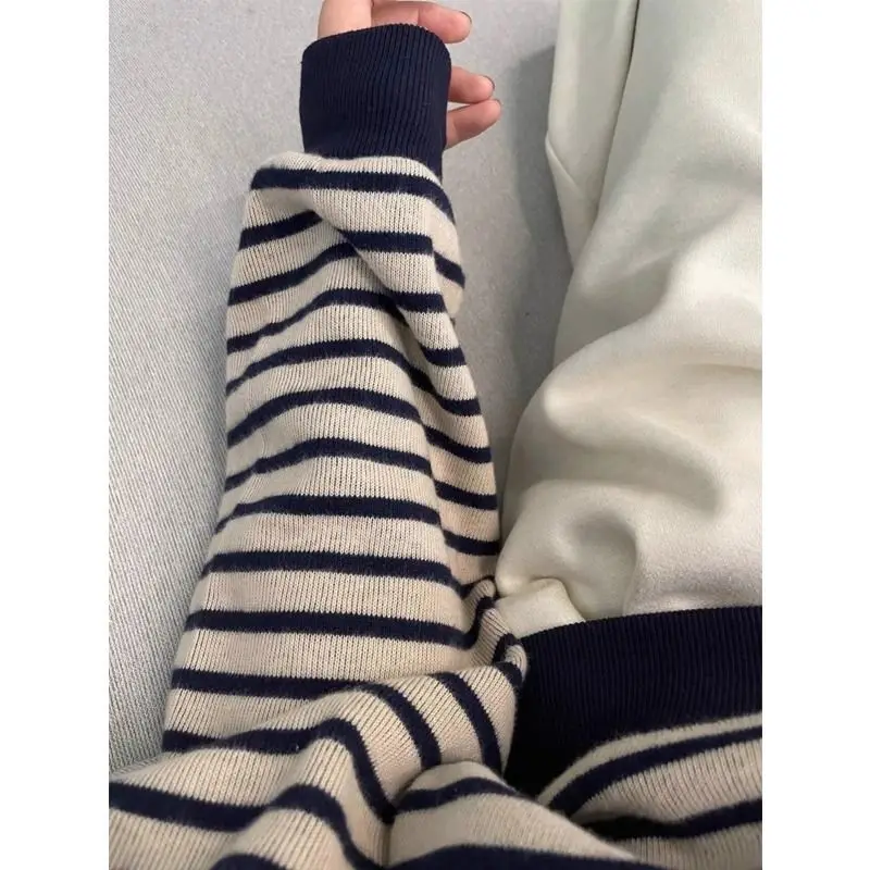 Sudadera con capucha coreana de cuello redondo a rayas para mujer en otoño e invierno, nuevo estilo con abrigo grueso y de felpa, informal holgada de gran tamaño