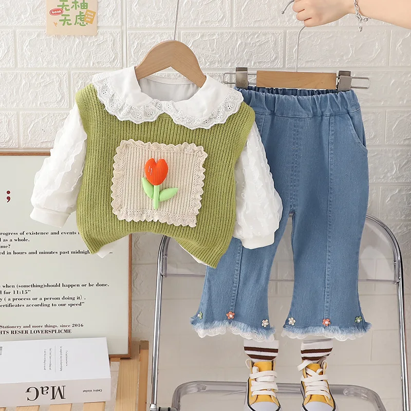 2024 Spring Autumn Toddler Girls 3PCS Clothes Set Cotton Lace Bubble Sleeve Shirts Knitted Flower Vest Flared Jeans Suit