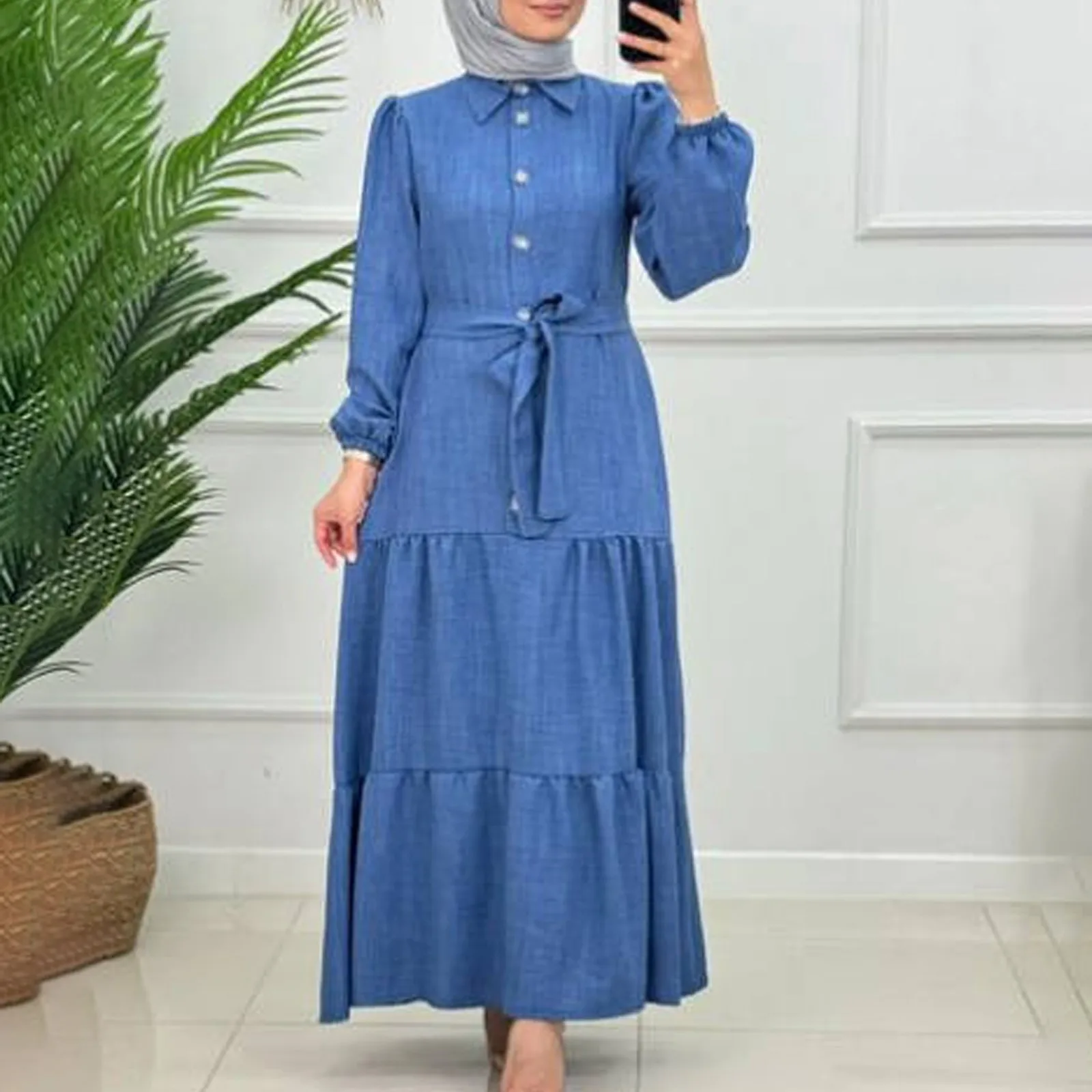 Dubai Turkey Kaftan Muslim Islam Women Casual Maxi Dress Vintgae Lantern Sleeve Turn Down Collar Button Shirt Dresses With Belt