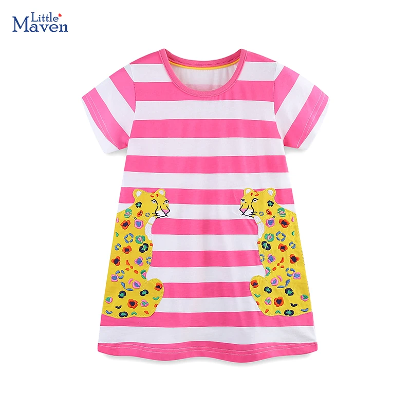 Kleine Maven Kinder kleidung Kinder kleidung Baby Mädchen Sommer Prinzessin Baumwolle Cartoon Leopard gestreifte Freizeit kleid