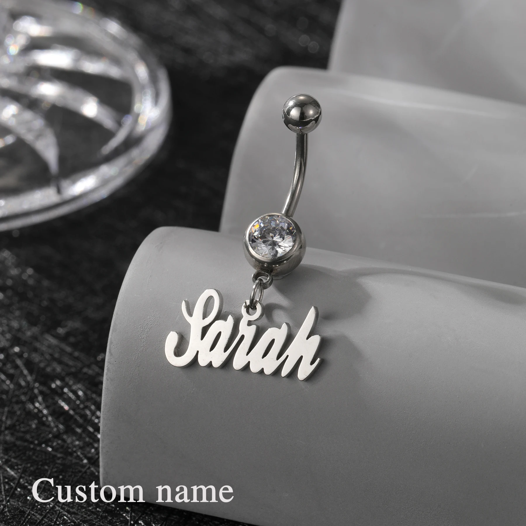 

Custom Name Belly Button Ring 316 Surgical Steel Bar with Zircon Hanging 304 Stainless Steel Name Plate Hypoallergenic Jewelry