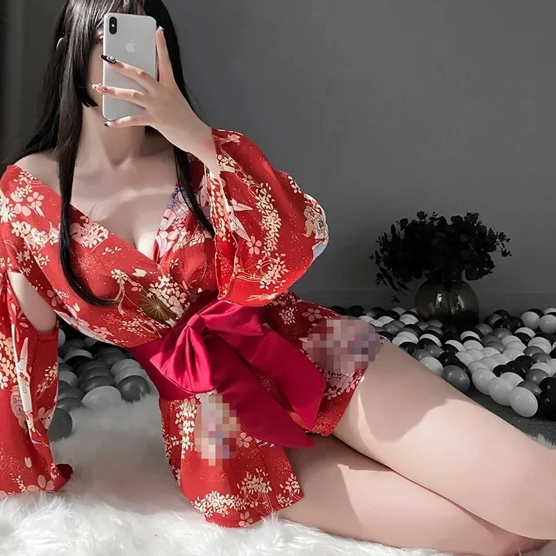 Women Sexy Short Dress Cosplay Japanese Kimono Costume Sexy Lingerie Bathrobe Sleepwear Floral Robe Erotic Lingerie Female Dress