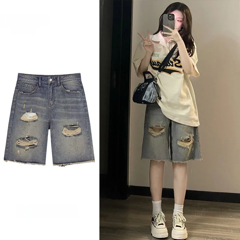 Trendy High Waist Denim Shorts Women's Spring Summer New Style Five-Point Hole Design Student Straight Leg Jeans Shorts