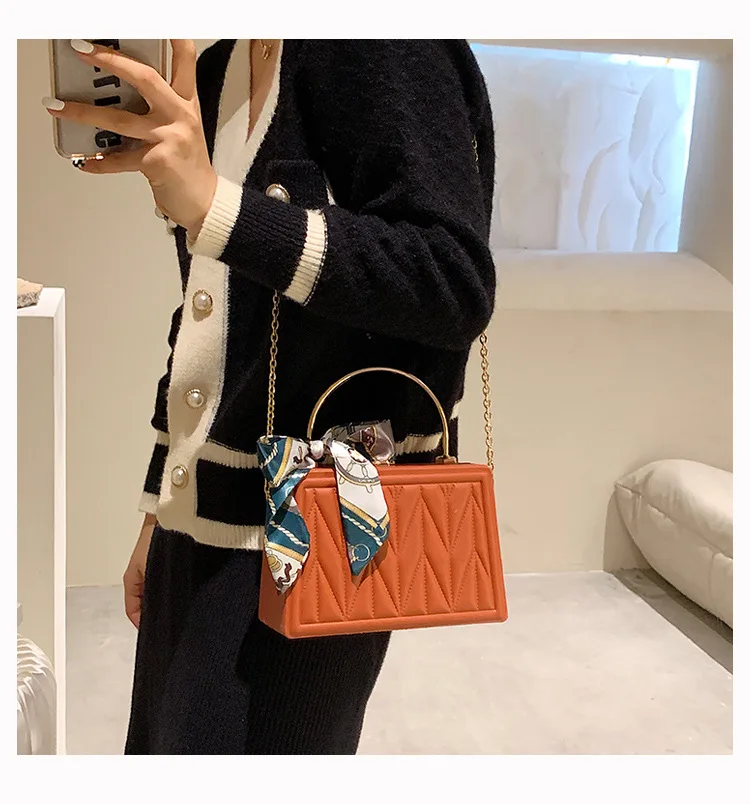 Luxury Designer Crossbody Bag for Women Silk Ribbon Box Shape Small Handbag Chain Lady Messenger Bag All-match PU Leather Tote