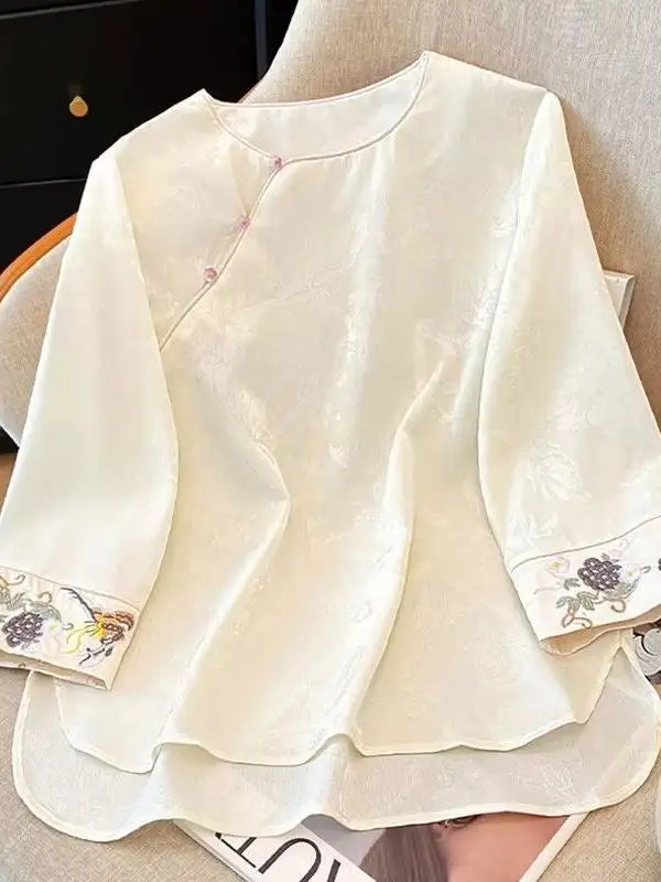 Seven Quarter Sleeve Shirt for Women Spring  Style Embroidered Blouses Chinese Style Hanfu Tops Wu Tang Cheongsam Top CN-308