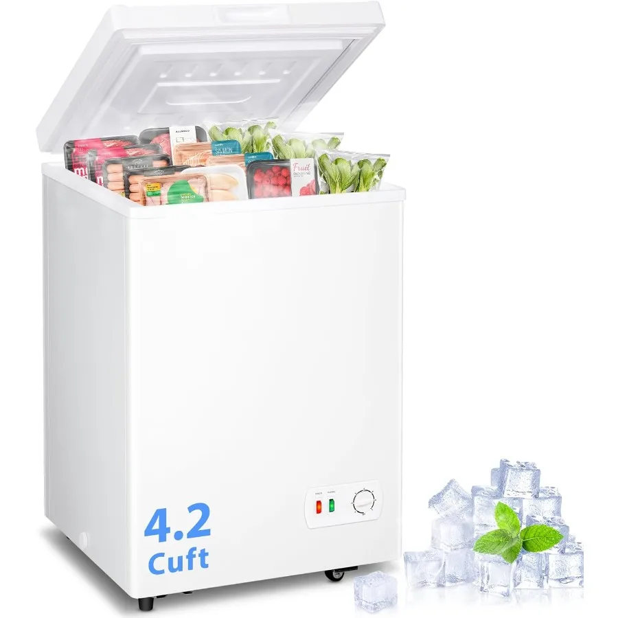 Small Deep Freezer 4.2 Cu Ft with Fast Cooling Technology Convenient Pulley Operation Removable Storage Basket Low Noise Design