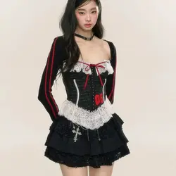 Original Design Cute Kawaii Girls Tshirt Long Sleeve Slim Sexy Sweet Light Lolita Top Y2k Bow Tie Lace Patch Top Tee Shirt Women