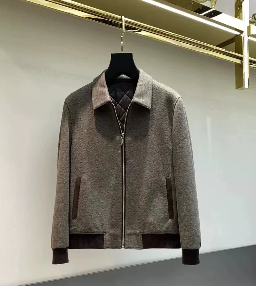 

Italian Sle Woolen Casual Cotton Jaet Men's Autumn Winter Flip Collar Fabric Tweed Outerwear Stand Fit MHTO Brand