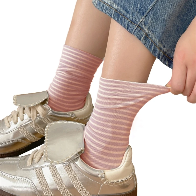 Comfortable Middle Length Striped Pattern Socks for Women Girls Breathable Cotton Fabric Calf Socks for Casual Wear