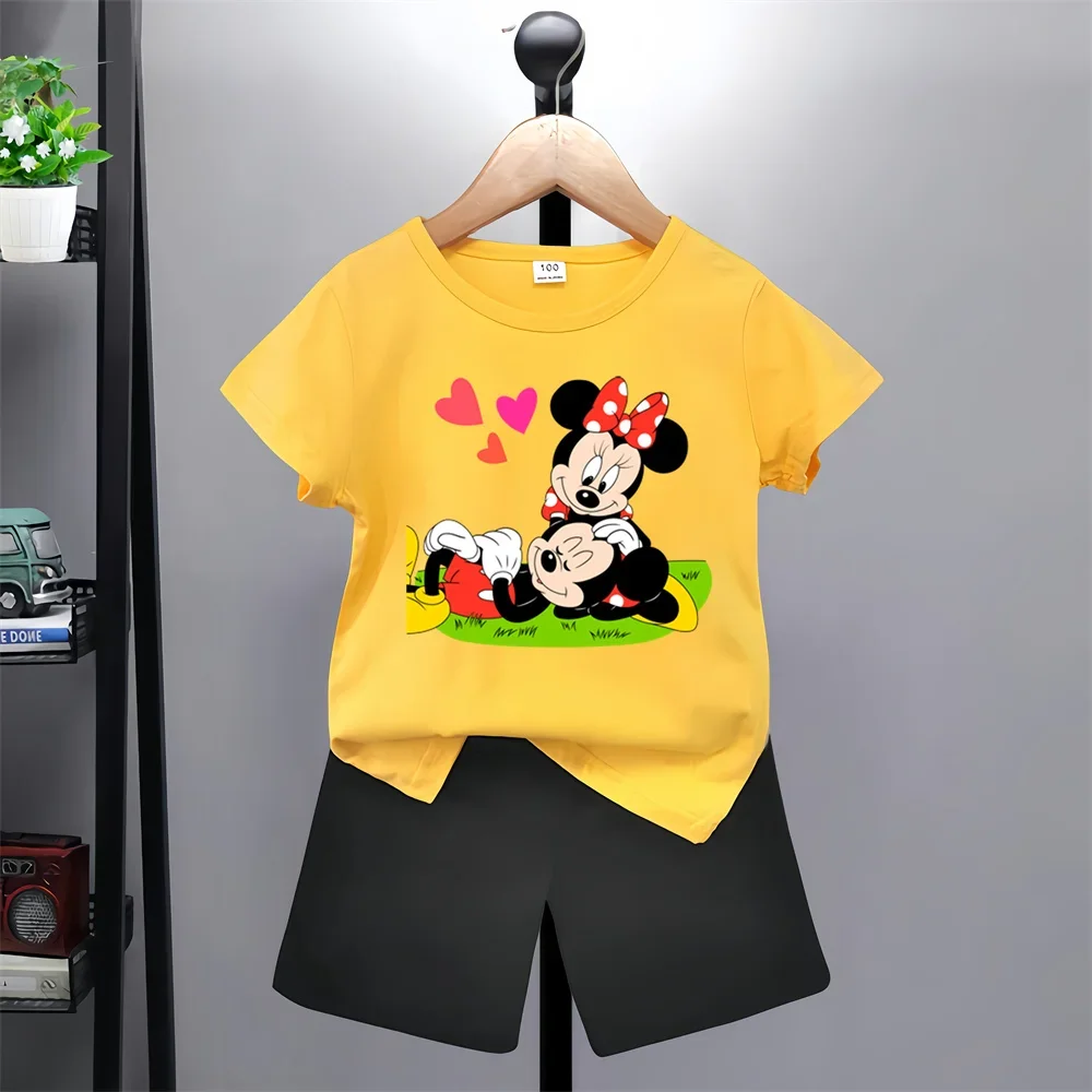 New Disney Mickey Mouse Short Sleeve Shorts Set Boys Girls Kids Sweatshirt cartoon top casual promotional clothing 100-160