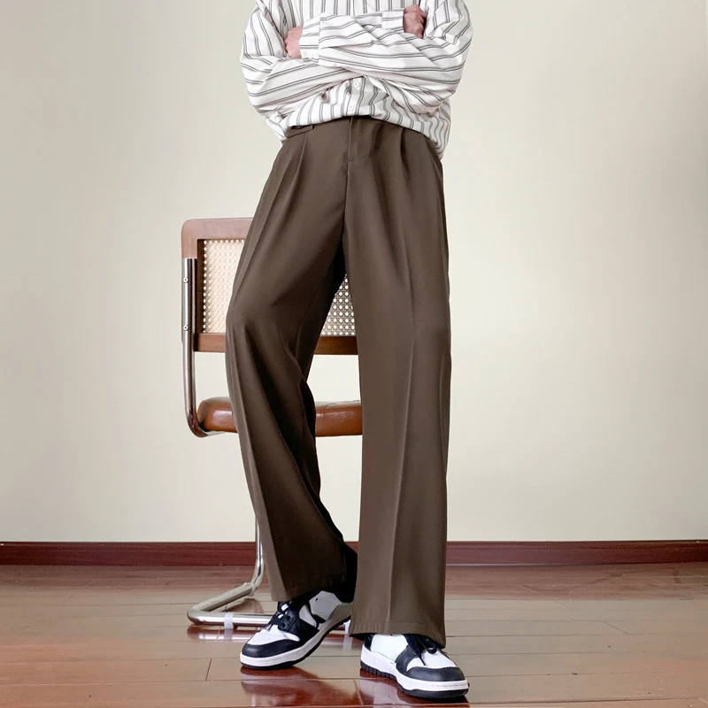 Japanese Vintage Drape Pants Men Spring Summer Korean Coffee Color Suit Pants Loose Straight Casual Pants Button Trousers S-3XL