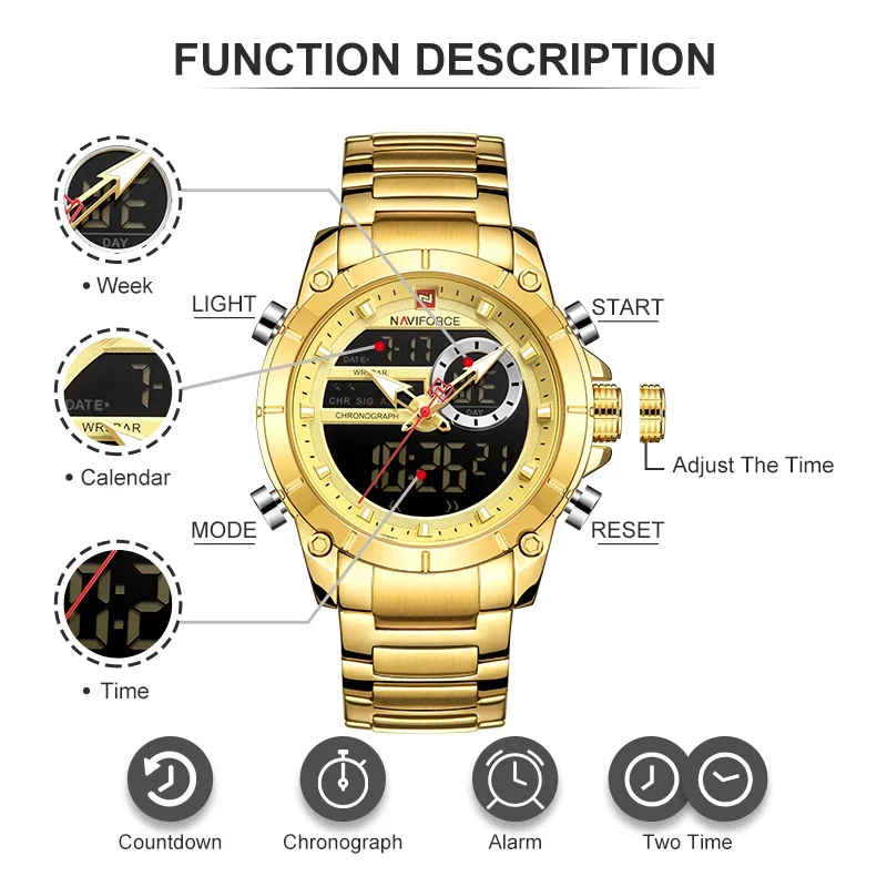 2024 NEW NAVIFORCE Luxury Original Sport Wrist Watch Men Quartz Steel Waterproof Dual Display Military Watches Relogio Masculino