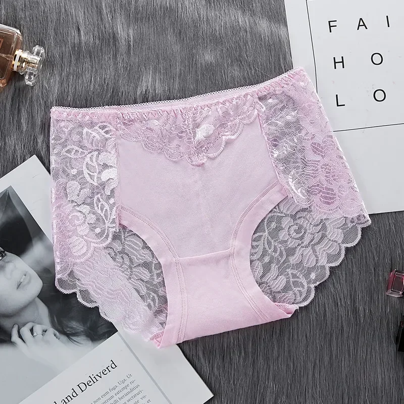 Women\'s Cotton Underwear Panties Sexy Lace Mid-Waist Hollow Female Briefs Hip Lift Underpants For Lady Plus Size Lingerie