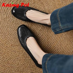 Krazing Pot Genuine Leather Beauty Round Toe Thick Heels Oxford Shoes Pleated Decorations Summer Glove Shoes Women Shallow Pumps