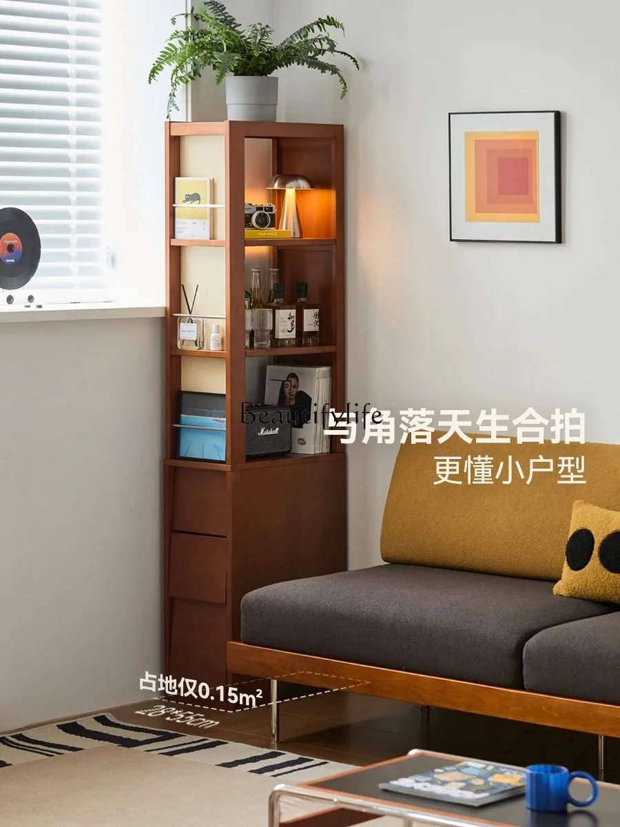 

yj9 Vintage Style Solid Wood Bookshelf Floor-standing Storage Corner Small Narrow Cabinet Display Organizer