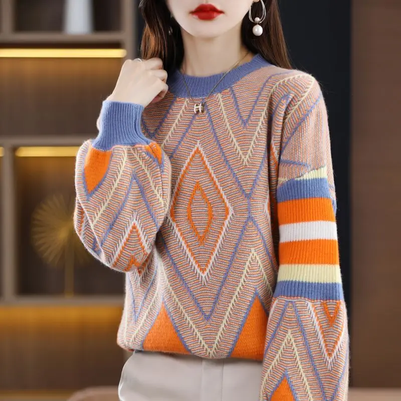 Autumn Winter Thicken Vintage Y2K Knitted Sweater Long Sleeve O-Neck Geometric Pullovers Fashion Woman Casual Loose Jumpers 2022