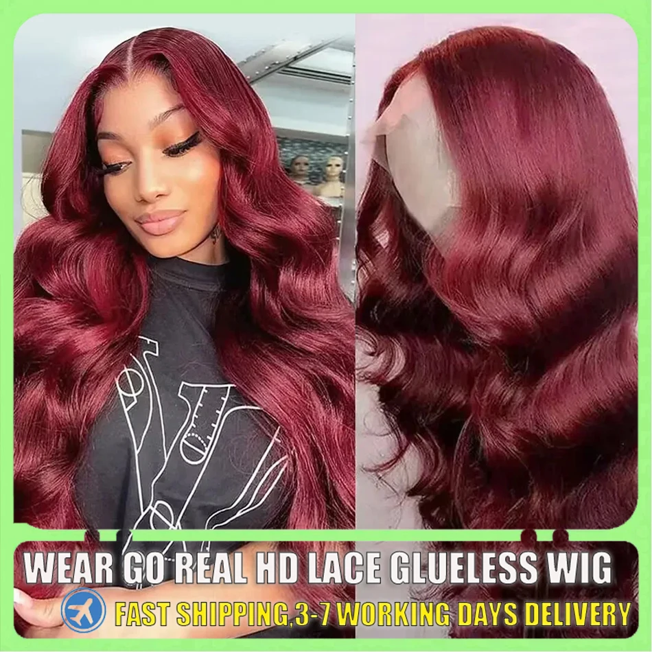 Borgonha Onda Do Corpo Do Laço Frontal Peruca, HD Lace Wig, Cabelo Humano, Vinho Vermelho Colorido, Brasileiro, 99J, 13x6, 13x4, 30 ", 40", 180 Densidade