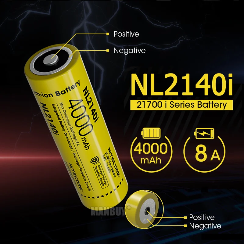 

Nitecore NL2140i i Series 21700 4000mAh 3.6V Button Top Protected Li-ion Rechargeable Battery + Free Flashlight Safe & Reliable