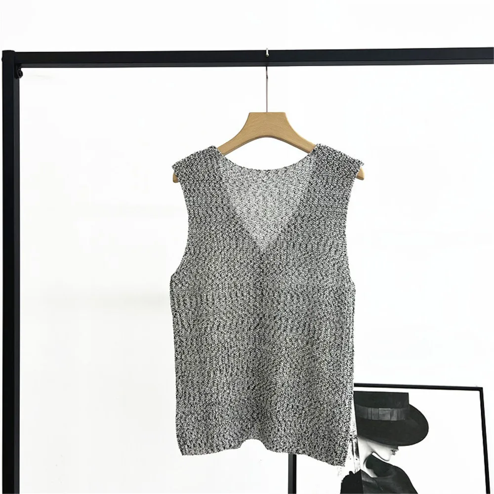 Women's 25 Summer New Cardigan V-neck Sleeveless Single Breasted Straight Tube Slim Knit Mixed Color Vest