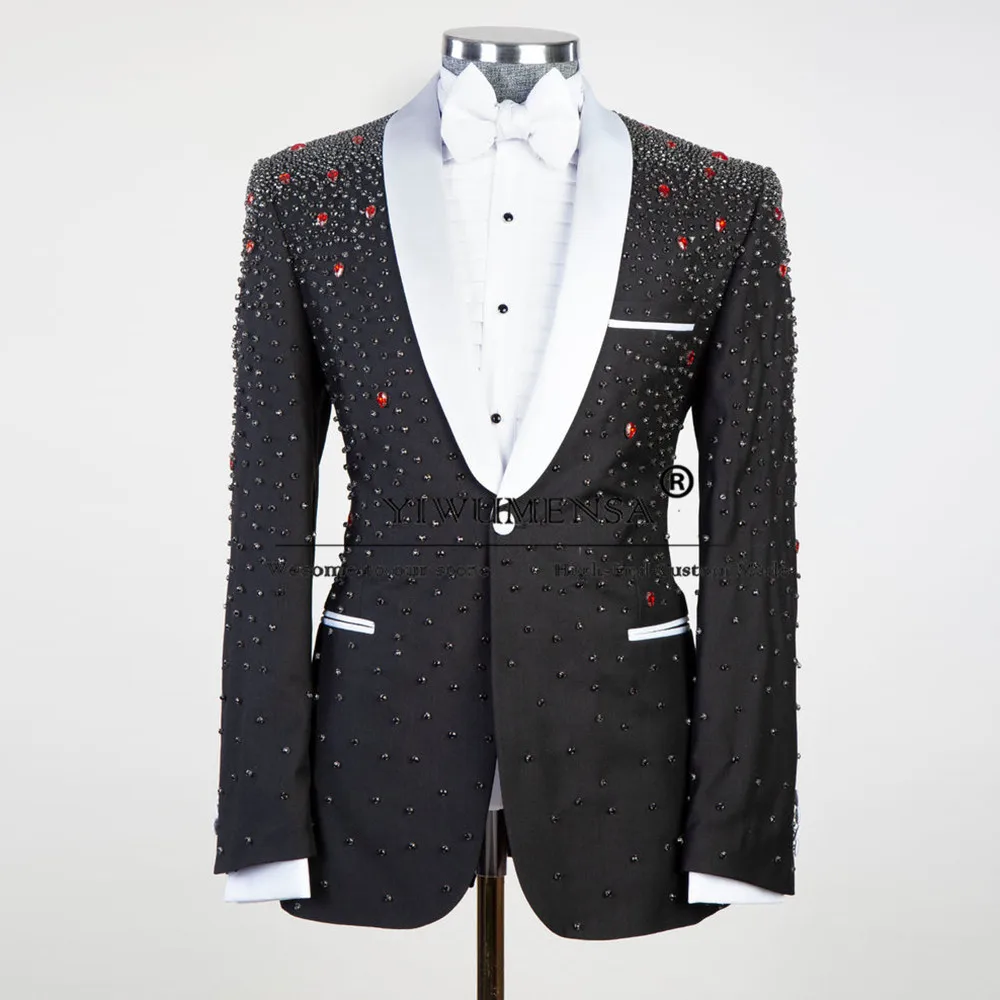 

Italian Black Wedding Suits For Men Crystals Beaded White Lapel Jacket Pants 2 Pieces Groomsman Tuxedos Custom Terno Masculino