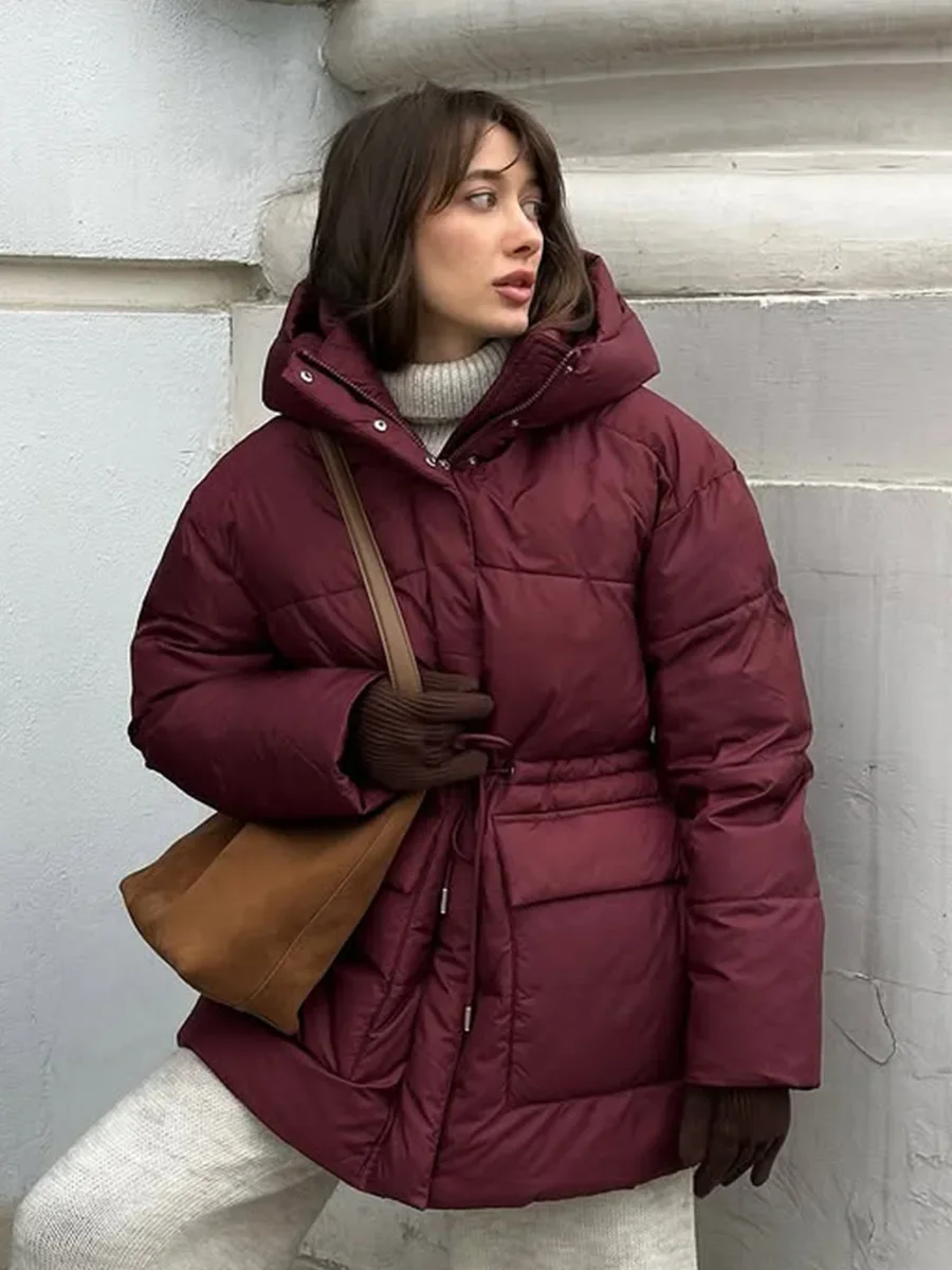 

New 2025 Winter Women Wine Red Hooded Puffer Coat Drawstring Waist Zipper Warm Bread Jacket Outerwear