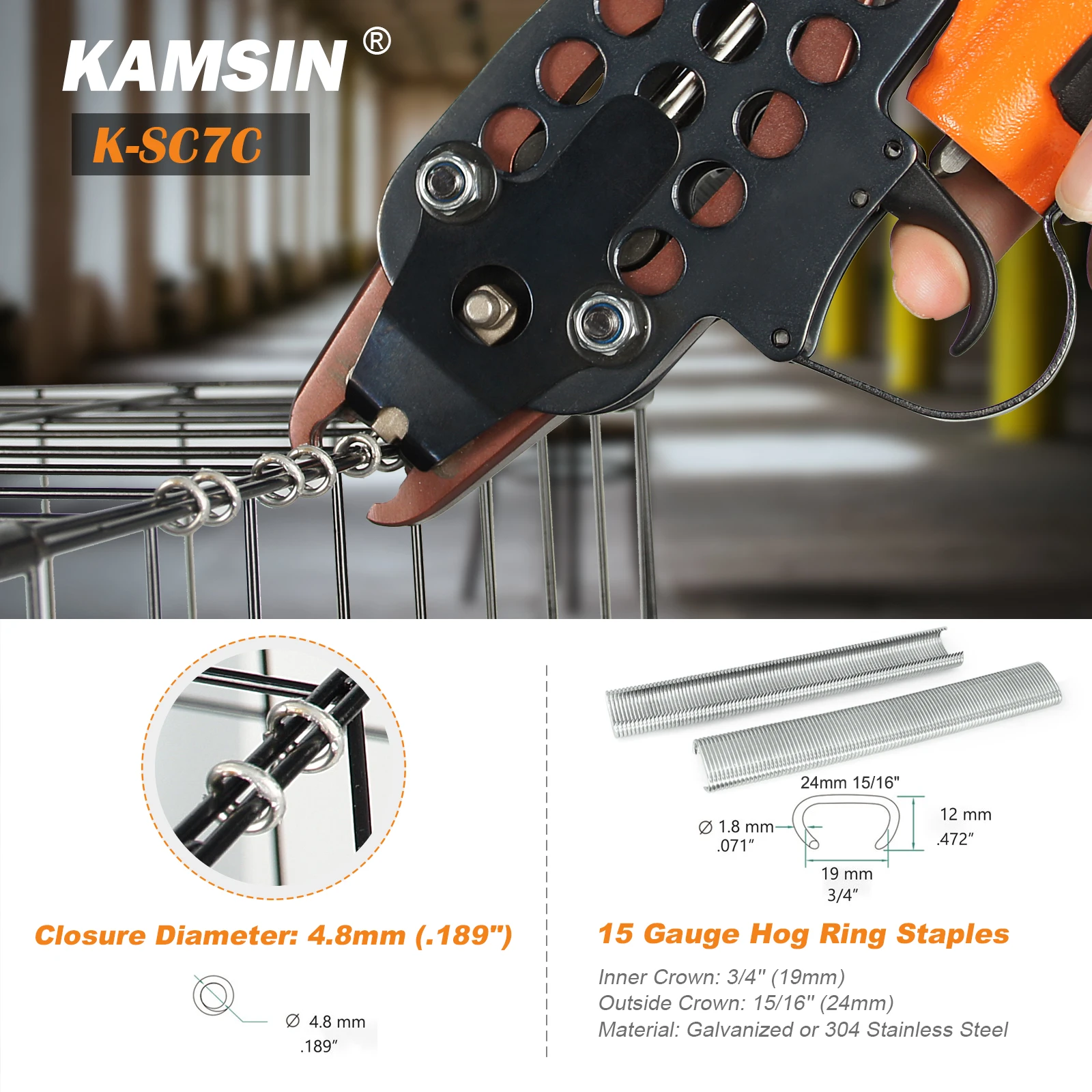 KAMSIN K-SC7C 15 Gauge Pneumatic Hog Ring Gun, Automatic Air C-Ring Gun 19mm Crown for Spring Mattress, Car Seats, Pet Cages