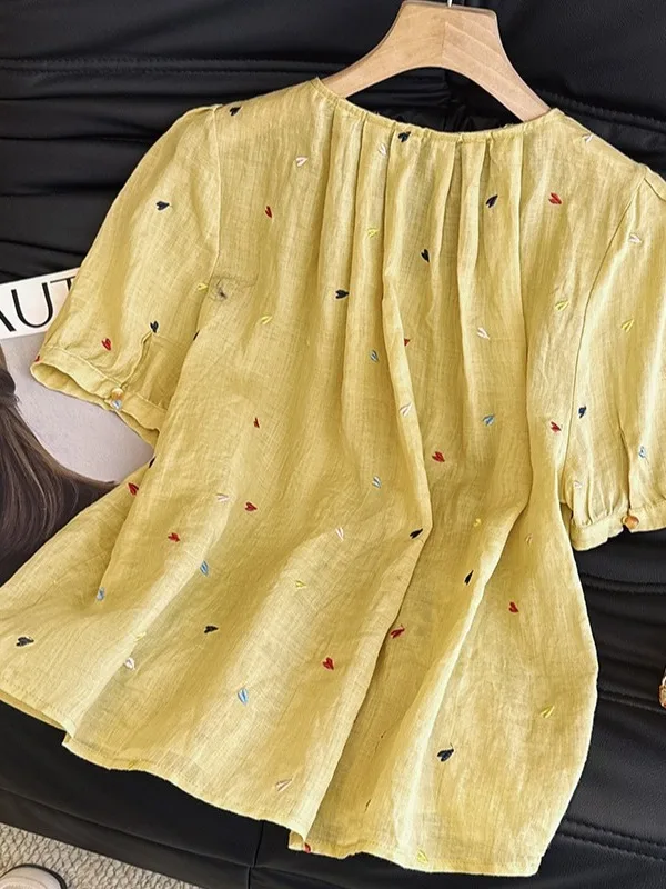 

Women's round Ne ort Sve irt Summer Thin Linen Top Small Heart Pattern Casual Sle Loose Fit Commute Sle irt