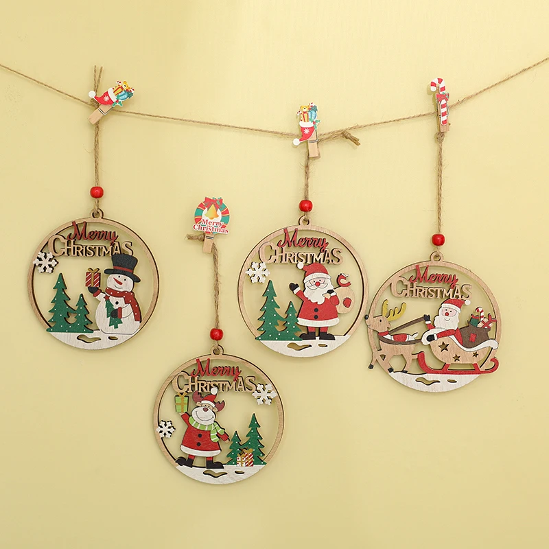 

Christmas Hollow Ring Pendants With Ropes Wooden Craft Cartoon Character Cute Scene Xmas Tree Ornaments Delicate Merry Christmas