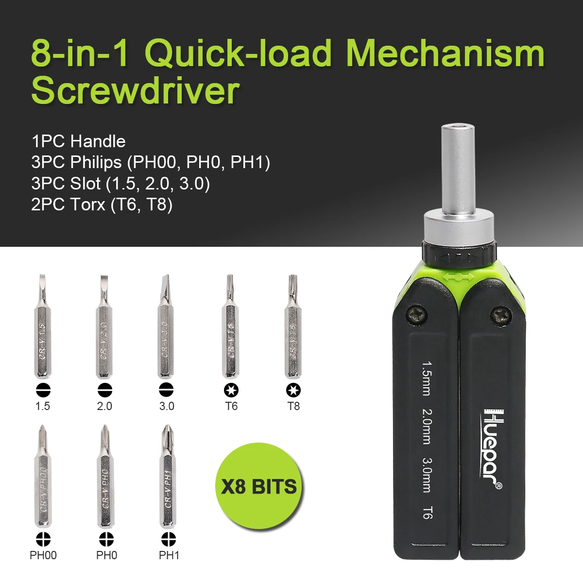 Huepar 8-IN-1 Precision Screwdriver Magnetic Quick-Load Mechanism Multi-Bit Tools Kit For Phone IPad Camera Watch Tablet PC DIY