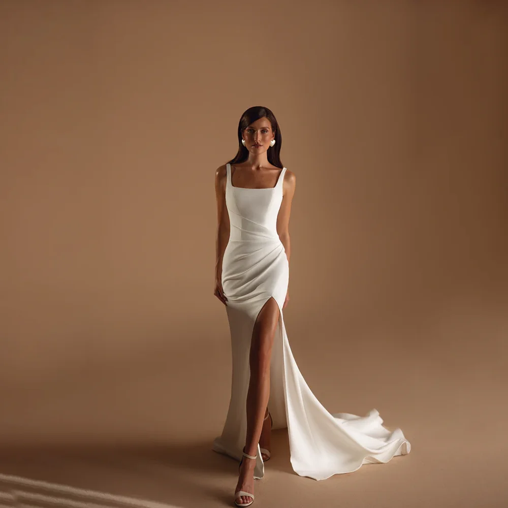 Square Neck Satin Mermaid Wedding Dress Spaghetti Strap Back High Slit Sweep Train Simple Custom Bridal Gown Vestido De Noiva image 4