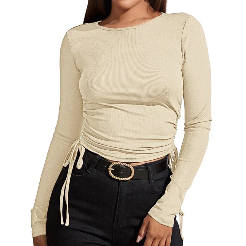A83F-haut court à col rond et manches longues pour femme, haut court avec cordon de serrage latéral, chemise côtelée Slim