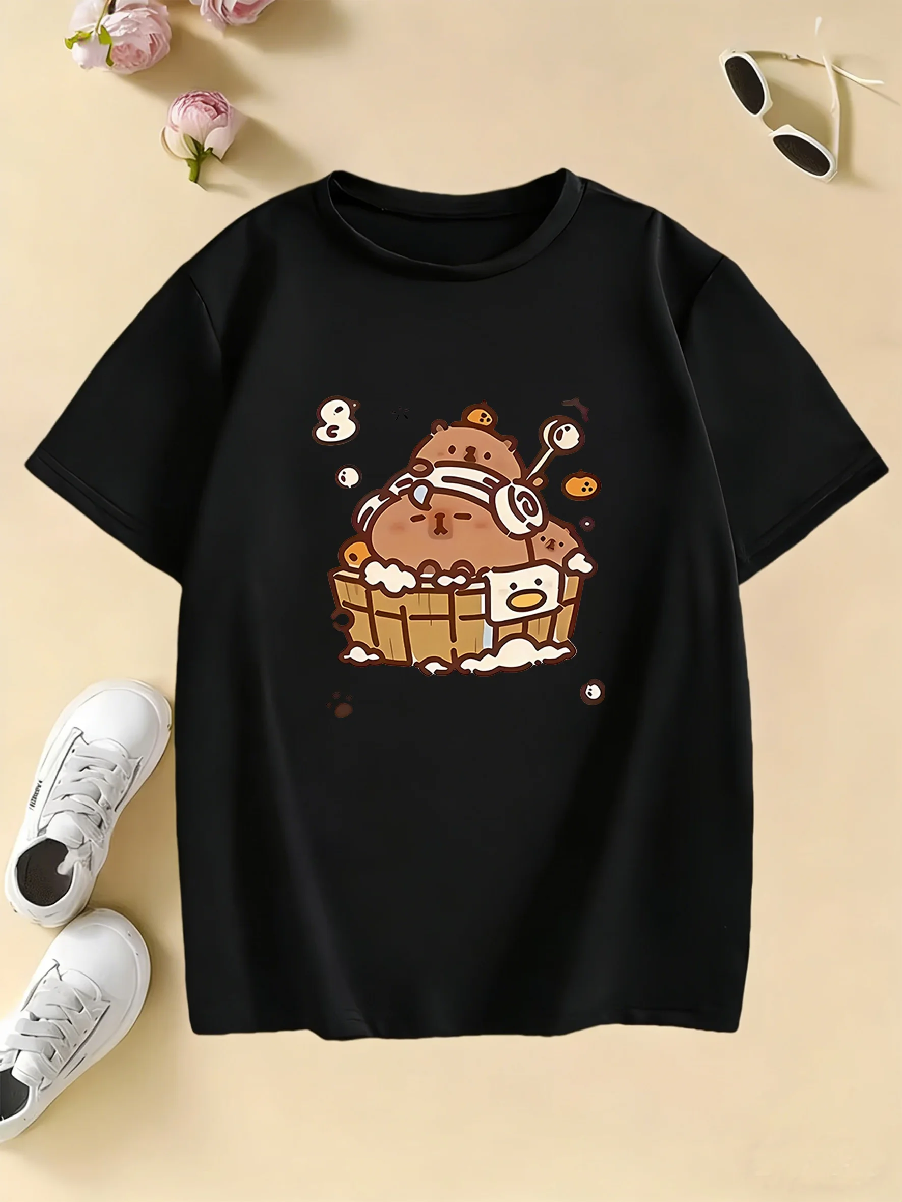 Cartoon Capybara Short Sleeve T Shirts Manga Kids Children's T-shirt Boys Girls Summer Spring Casual Top Tee Shirt