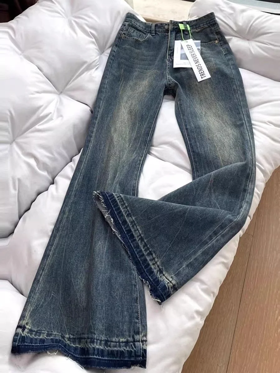 

Ретро джинсы-клеш женские, с подкладкой, драпированные, с высокой талией, свободные, стройнящие, прямые, с рваными краями, в пол