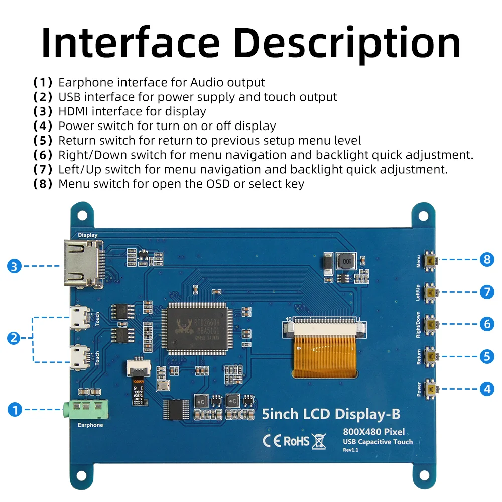 หน้าจอ LCD HDMI 5นิ้วหน้าจอสัมผัสความจุ800*480สำหรับ Raspberry Pi 5 4B 3B 3B 2B B + B 3A + A + ZERO W