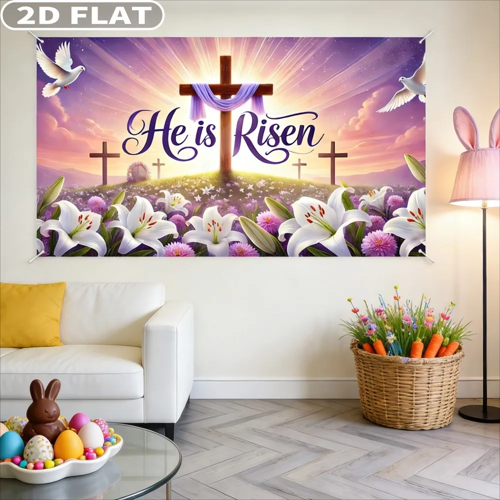 

2D FLAT 1pc Studio Props Polyester Easter Banner, 110x180cm/43.31x70.87 Inch He Is Risen Cross and Lilies Design