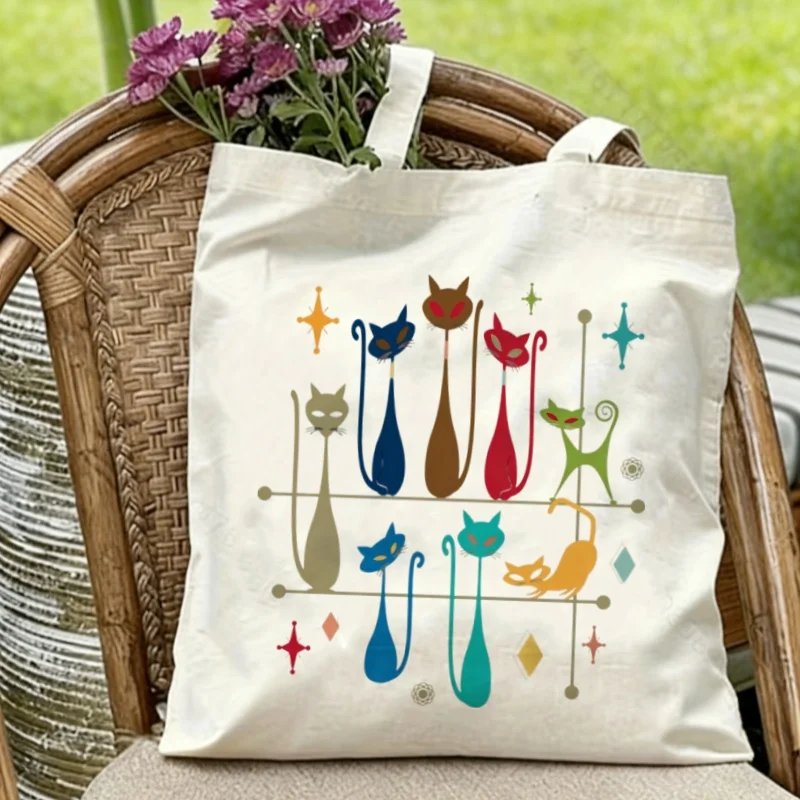 

1PC Atomic Age Multicolor Cat Print Canvas Tote Casual Cat Lover Shopper Bag