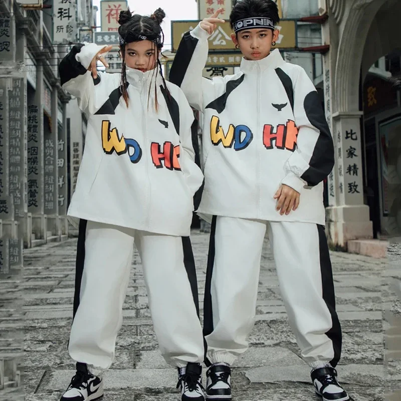 

Girls Jazz Dance Costumes Boys Hip Hop Performance Stage Clothes Children Clothing White Loose Hiphop Suit