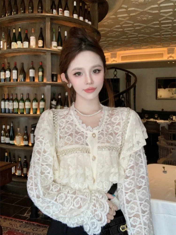 French Sweet Heavy Industry Nail Bead Lace Shirt 2024 Autumn New Style Elegant Design Long Sleeve Top