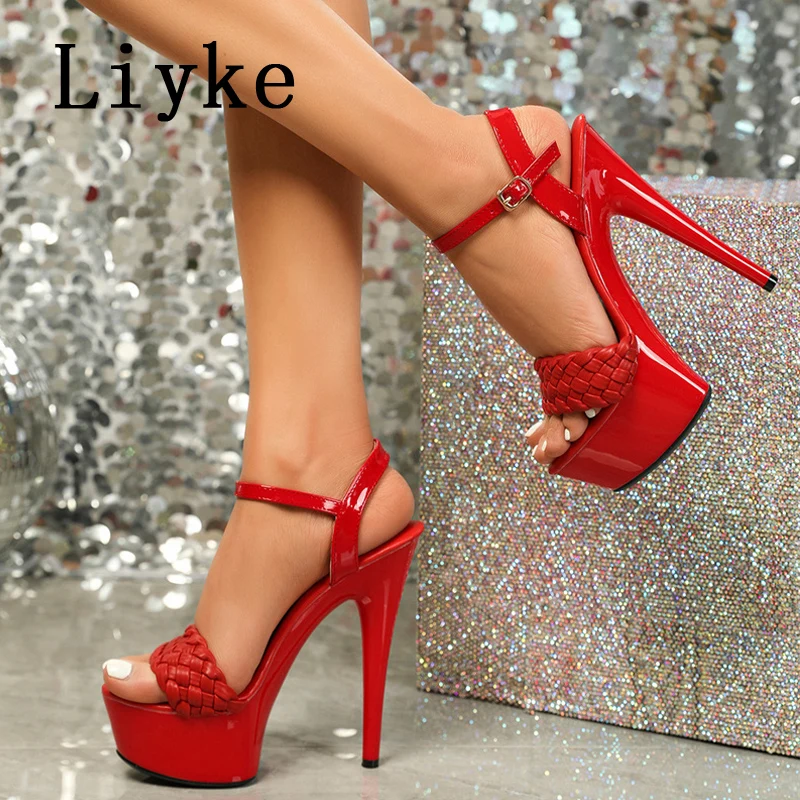 Liyke Sexy Fetish 15CM Sandals Women Fashion Weave Narrow Band Peep Toe Buckle Strap Platform High Heels Wedding Stripper Shoes